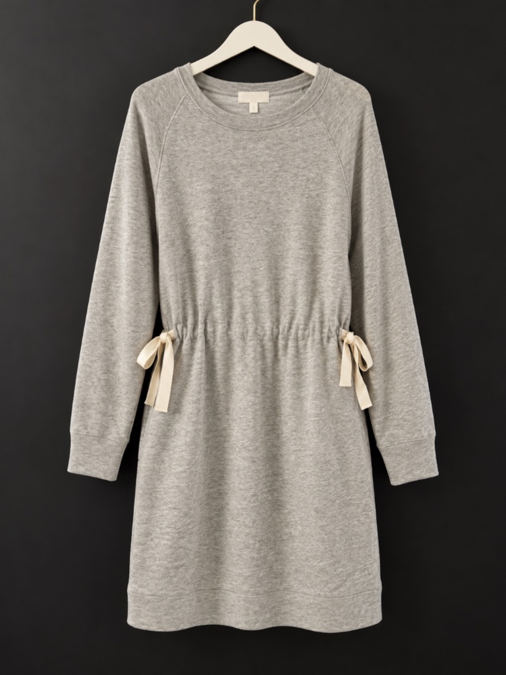 Athleta grey sweatshirt dress with ribbon cinched waist.